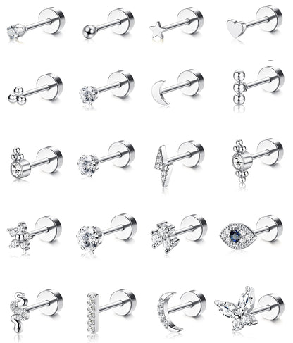 JSJOY 20Pcs Stainless Steel Stud Earrings for Women Men 20G Tiny Cartilage Stud Earrings Small Snake Star Moon Ball Butterfly Heart Eye Flower Screwback Flat Back Stud Earrings Piercing Jewelry Set