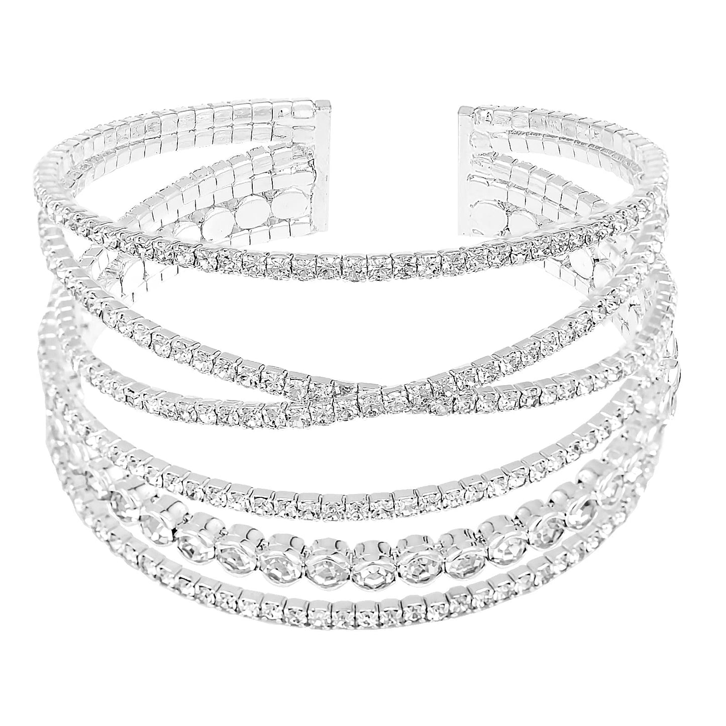 JSJOY MultiLayer Crystal Rhinestone Cuff Bracelet For Women Girls Silver Strand Layered Bridal Bracelet Jewelry for Prom Party Wedding Dating