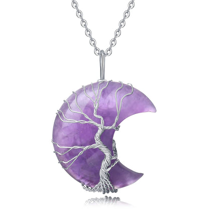 Healing Amethyst Crystal Necklace   Crescent Moon Natural Stone Pendant Necklaces   Tree of Life Wire Wrapped  Hippie Spiritual Reiki Gemstone Quartz Jewelry for Women Gift