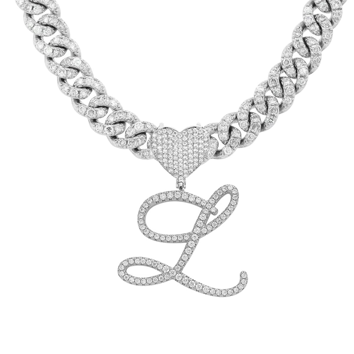 JSJOY Initial Necklaces Silver Cuban Link Chain for Women Iced Out Chain with Heart Letter Pendants Custom Chain Name Necklace Hip Hop Jewelry Gift