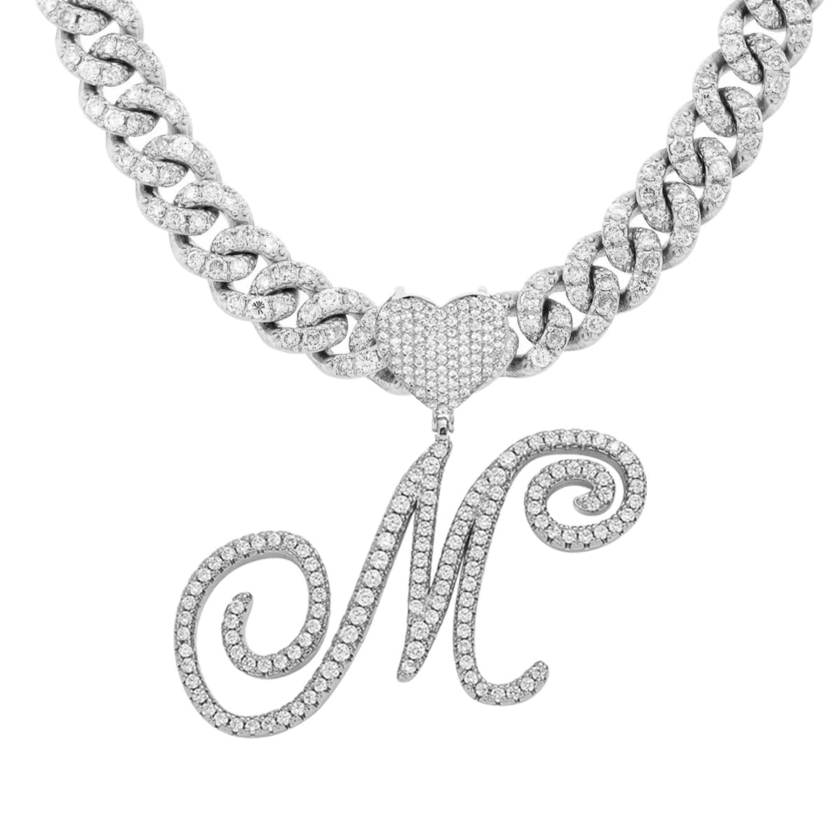 JSJOY Initial Necklaces Silver Cuban Link Chain for Women Iced Out Chain with Heart Letter Pendants Custom Chain Name Necklace Hip Hop Jewelry Gift