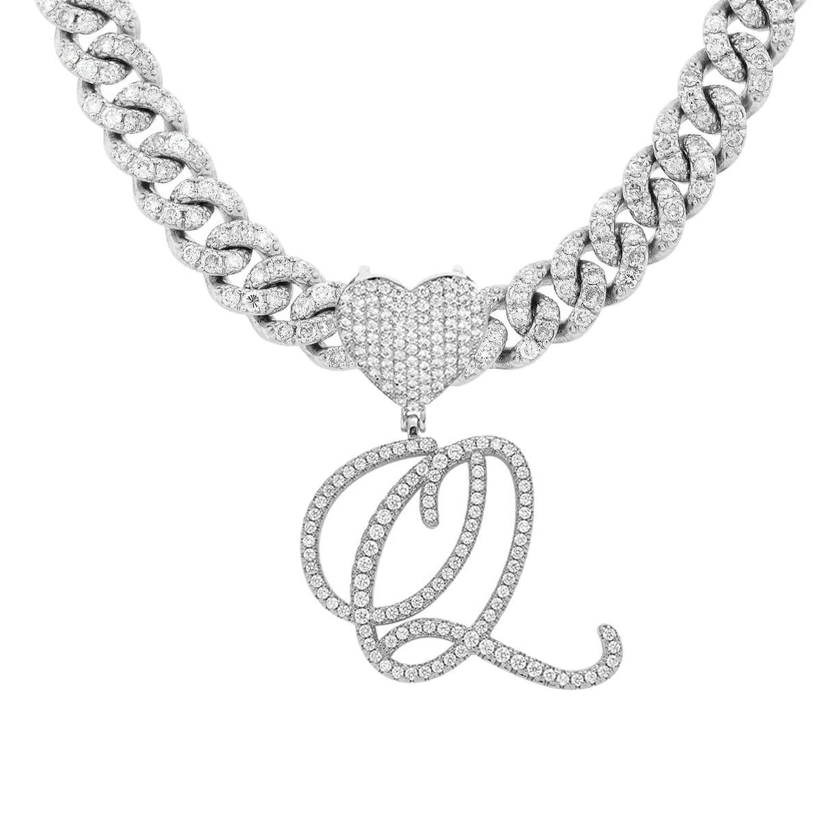 JSJOY Initial Necklaces Silver Cuban Link Chain for Women Iced Out Chain with Heart Letter Pendants Custom Chain Name Necklace Hip Hop Jewelry Gift