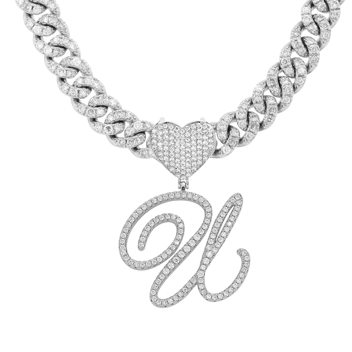 JSJOY Initial Necklaces Silver Cuban Link Chain for Women Iced Out Chain with Heart Letter Pendants Custom Chain Name Necklace Hip Hop Jewelry Gift