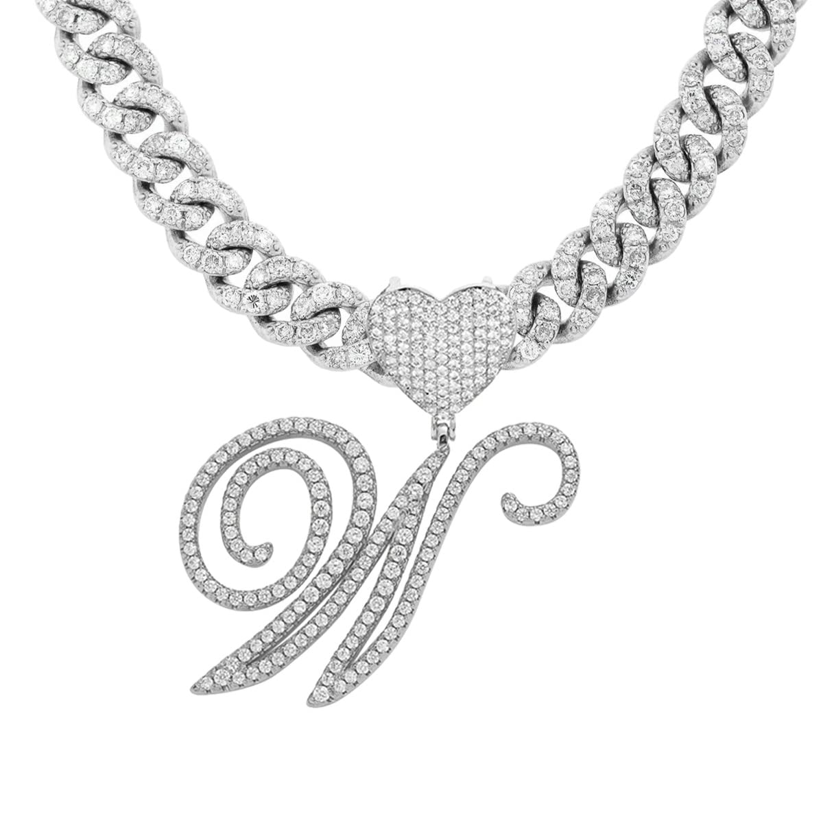 JSJOY Initial Necklaces Silver Cuban Link Chain for Women Iced Out Chain with Heart Letter Pendants Custom Chain Name Necklace Hip Hop Jewelry Gift