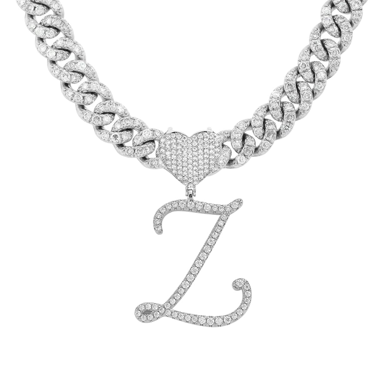 JSJOY Initial Necklaces Silver Cuban Link Chain for Women Iced Out Chain with Heart Letter Pendants Custom Chain Name Necklace Hip Hop Jewelry Gift