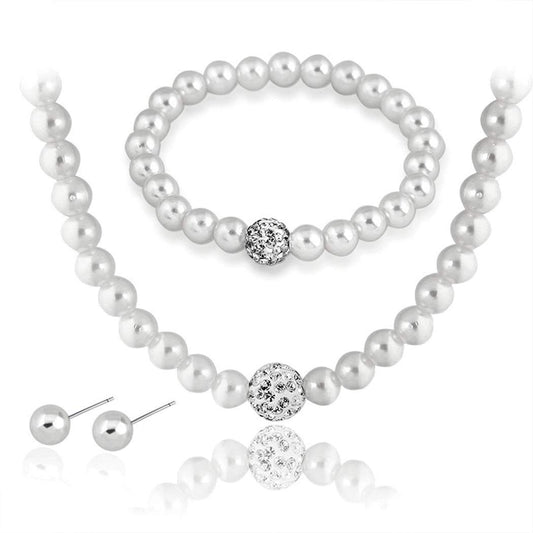 JSJOY Wedding Pearl Necklace Set Silver Bridal Crystal Necklaces Earrings Bracelet Sets Rhinestone Brides Necklace Chain Jewelry Sets for Women and Girls