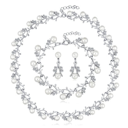 JSJOY Wedding Pearl Necklace Set Silver Bridal Crystal Necklaces Earrings Bracelet Sets Rhinestone Brides Necklace Chain Jewelry Sets for Women and Girls