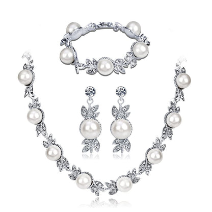 JSJOY Wedding Pearl Necklace Set Silver Bridal Crystal Necklaces Earrings Bracelet Sets Rhinestone Brides Necklace Chain Jewelry Sets for Women and Girls