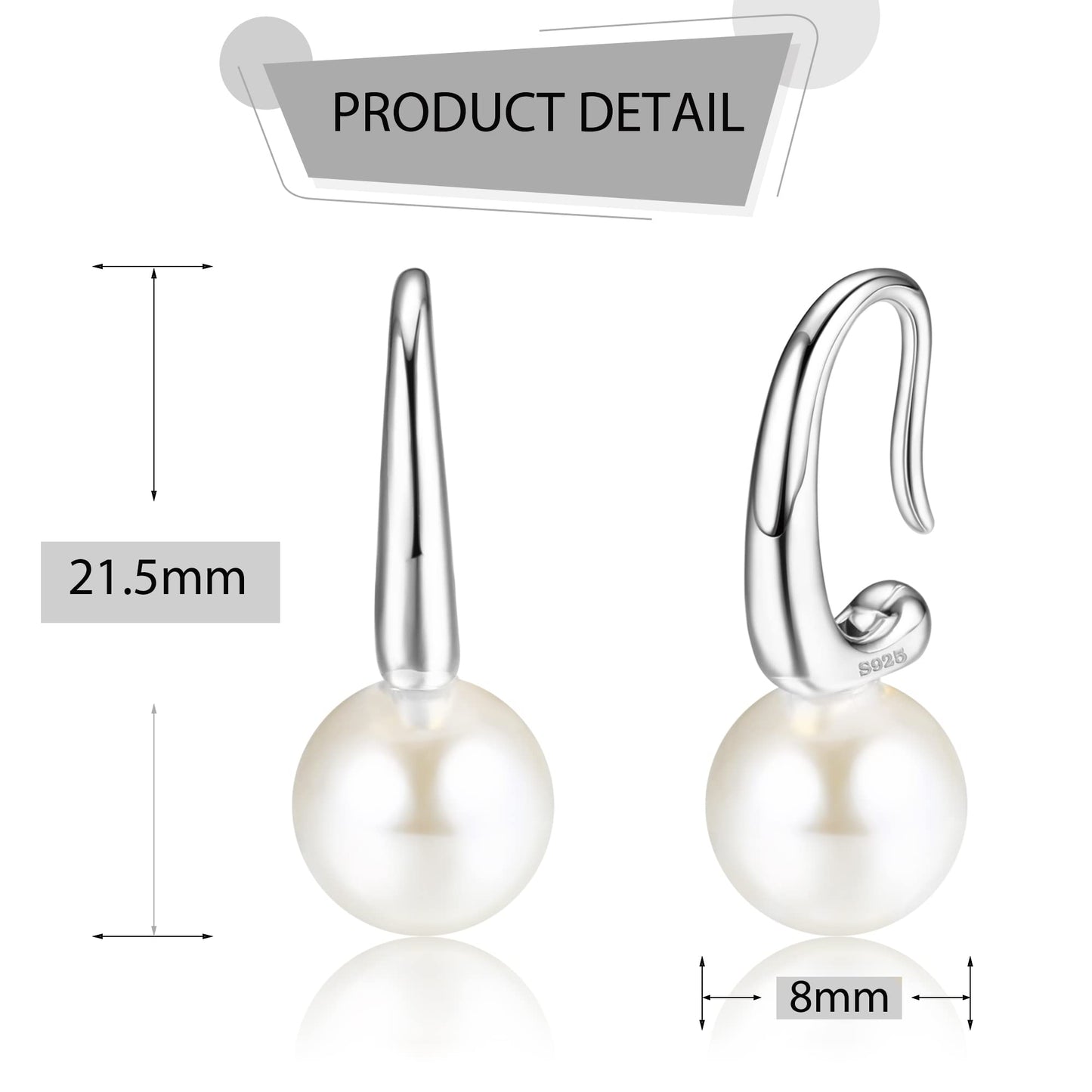 Pearl Earrings for Women 925 Sterling Silver Dangle Drop Pearl Earrings Jewelry 8mm Pearl Drop Earrings for Women Girls Gift