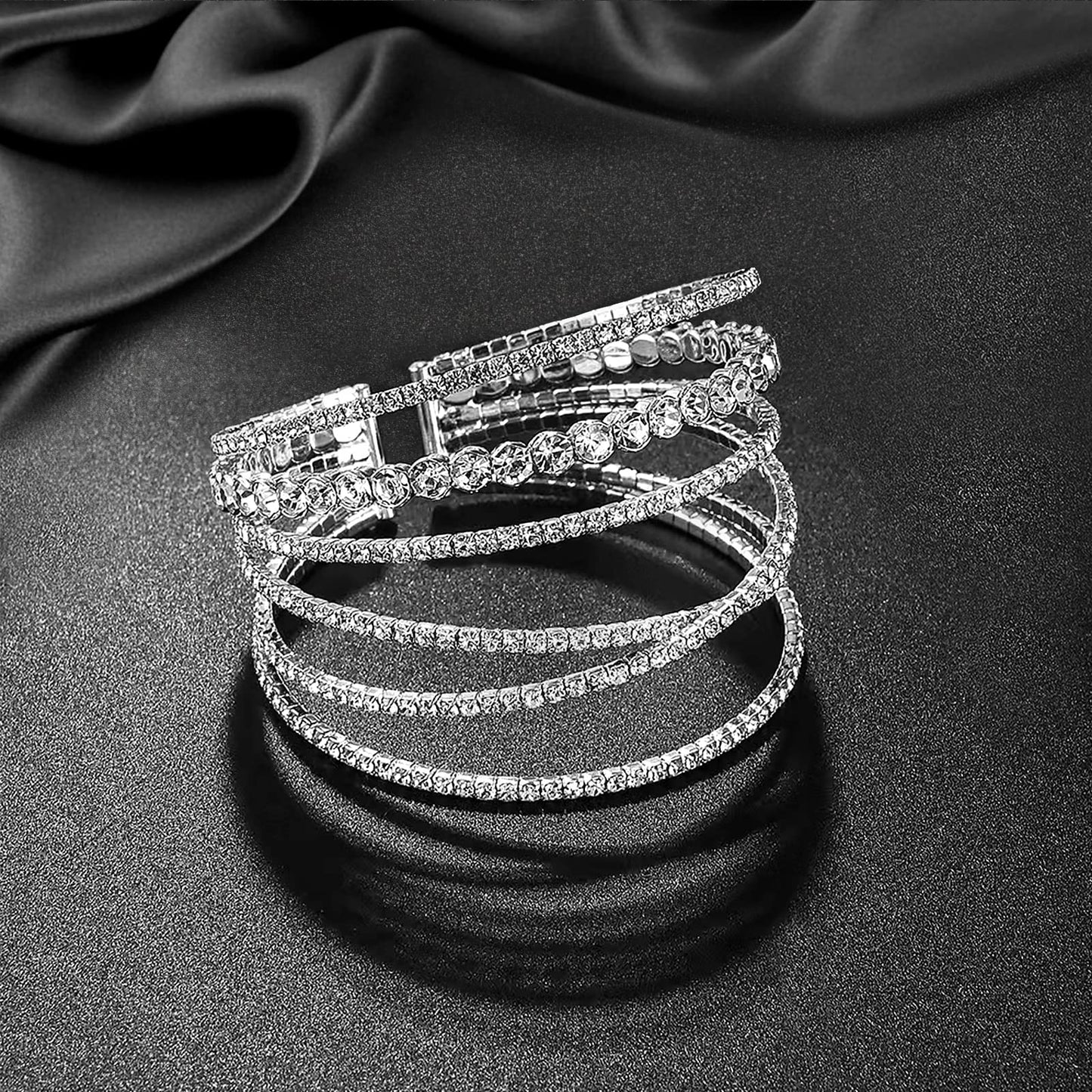 JSJOY MultiLayer Crystal Rhinestone Cuff Bracelet For Women Girls Silver Strand Layered Bridal Bracelet Jewelry for Prom Party Wedding Dating