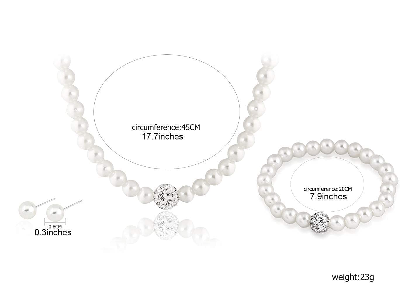 JSJOY Wedding Pearl Necklace Set Silver Bridal Crystal Necklaces Earrings Bracelet Sets Rhinestone Brides Necklace Chain Jewelry Sets for Women and Girls