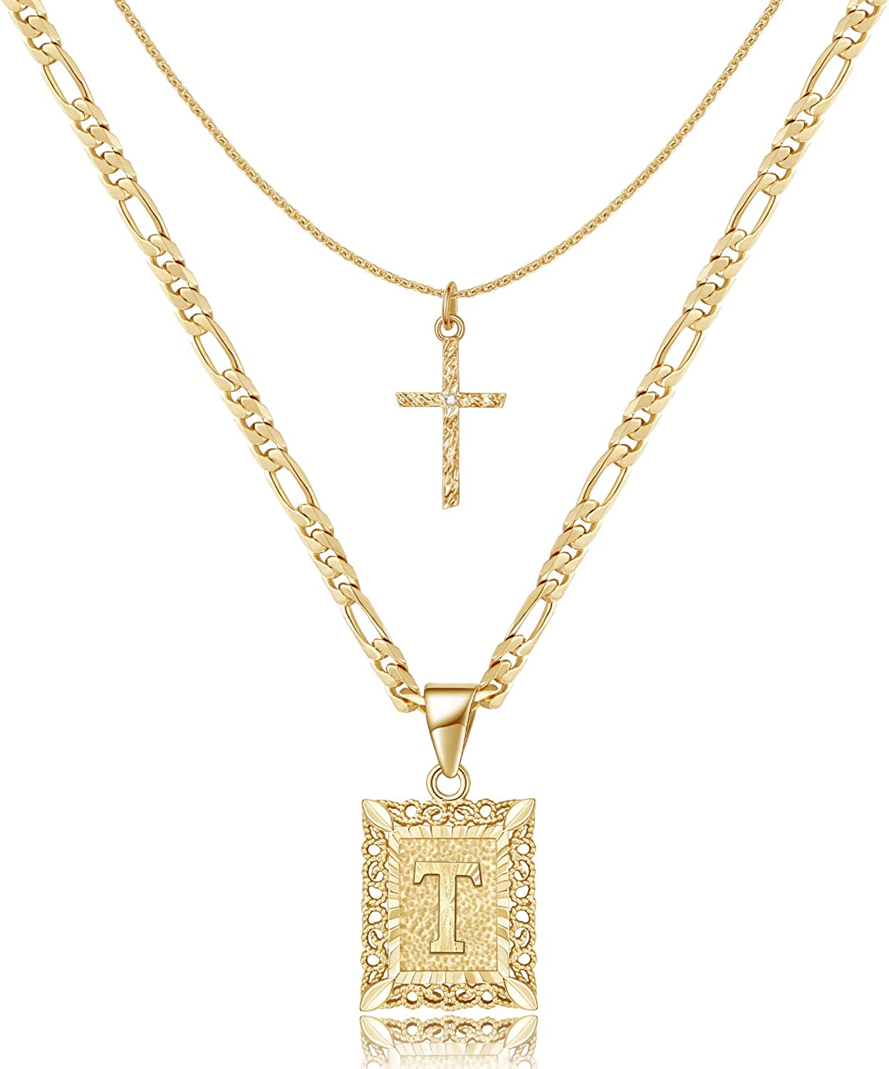 JSJOY Gold Layered Initial Cross Necklace 14K Gold Plated Layering Square Letter Pendant Figaro Chain Cross Choker Initial Charm Necklace Gift for Women Girl