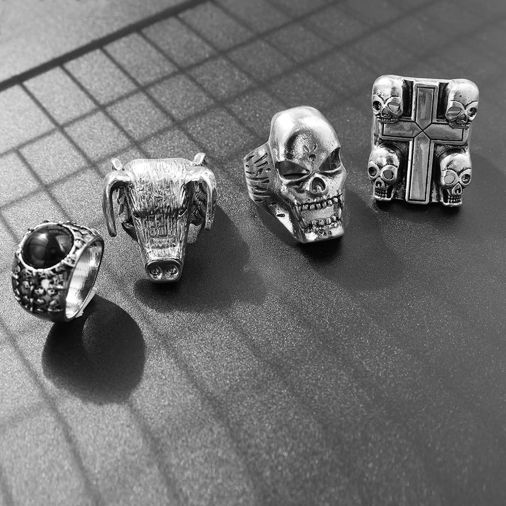 JSJOY Eddie Munson Ring Accessories Set Men Gifts Halloween Vintage Punk Skull Cross Ring Jewelry For Fans Gifts