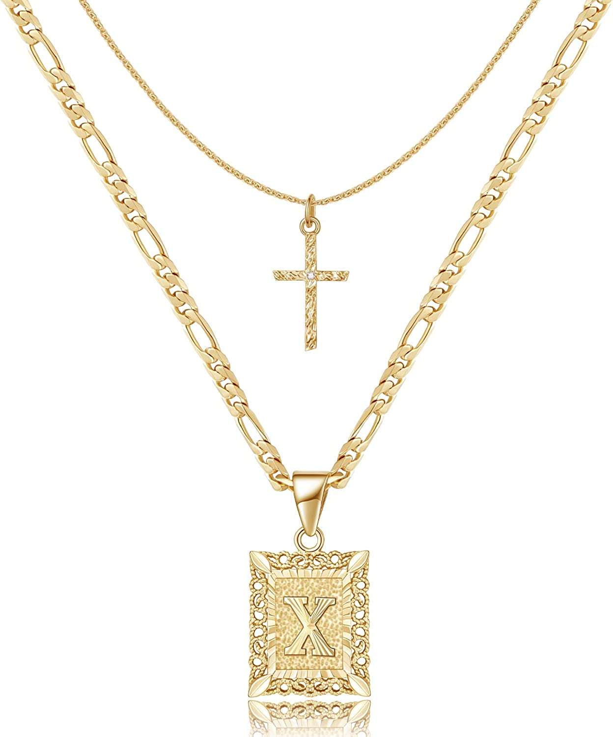 JSJOY Gold Layered Initial Cross Necklace 14K Gold Plated Layering Square Letter Pendant Figaro Chain Cross Choker Initial Charm Necklace Gift for Women Girl