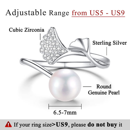 Pearl Ring Sterling Silver Rings for Women 925 Adjustable with Cubic Zirconia Open June Birthstone Rings for Teen Girls with Real Round Genuine Freshwater Cultured Stackable