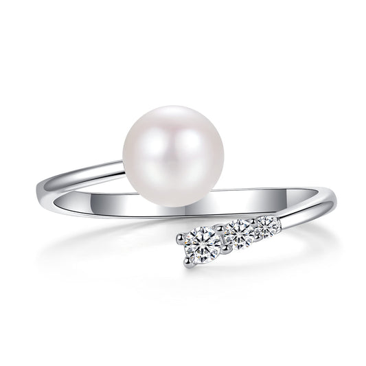 Pearl Ring Sterling Silver Rings for Women 925 Adjustable with Cubic Zirconia Open June Birthstone Rings for Teen Girls with Real Round Genuine Freshwater Cultured Stackable