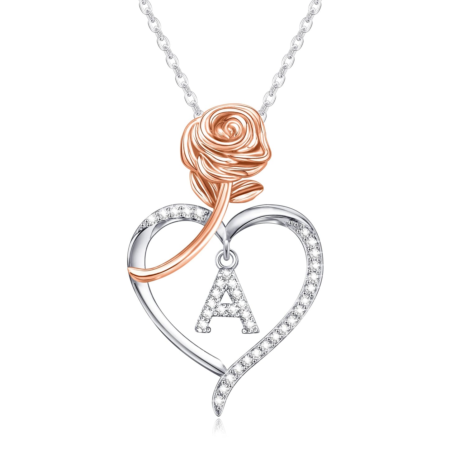 JSJOY Rose Heart Initial Necklaces for Women Girls A-Z Letter Pendant with Cubic Zirconia Mothers Day Graduation Birthday Gifts