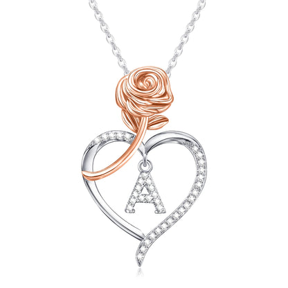 JSJOY Rose Heart Initial Necklaces for Women Girls A-Z Letter Pendant with Cubic Zirconia Mothers Day Graduation Birthday Gifts