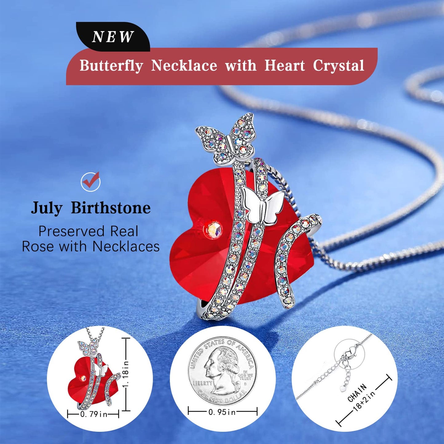 JSJOY Butterfly Love Heart Pendant Necklaces , Valentines Day Gifts for Her, Mother's Day Birthday Anniversary Jewelry Gifts for Women Mom Wife Girlfrind with Birthstone Crystals