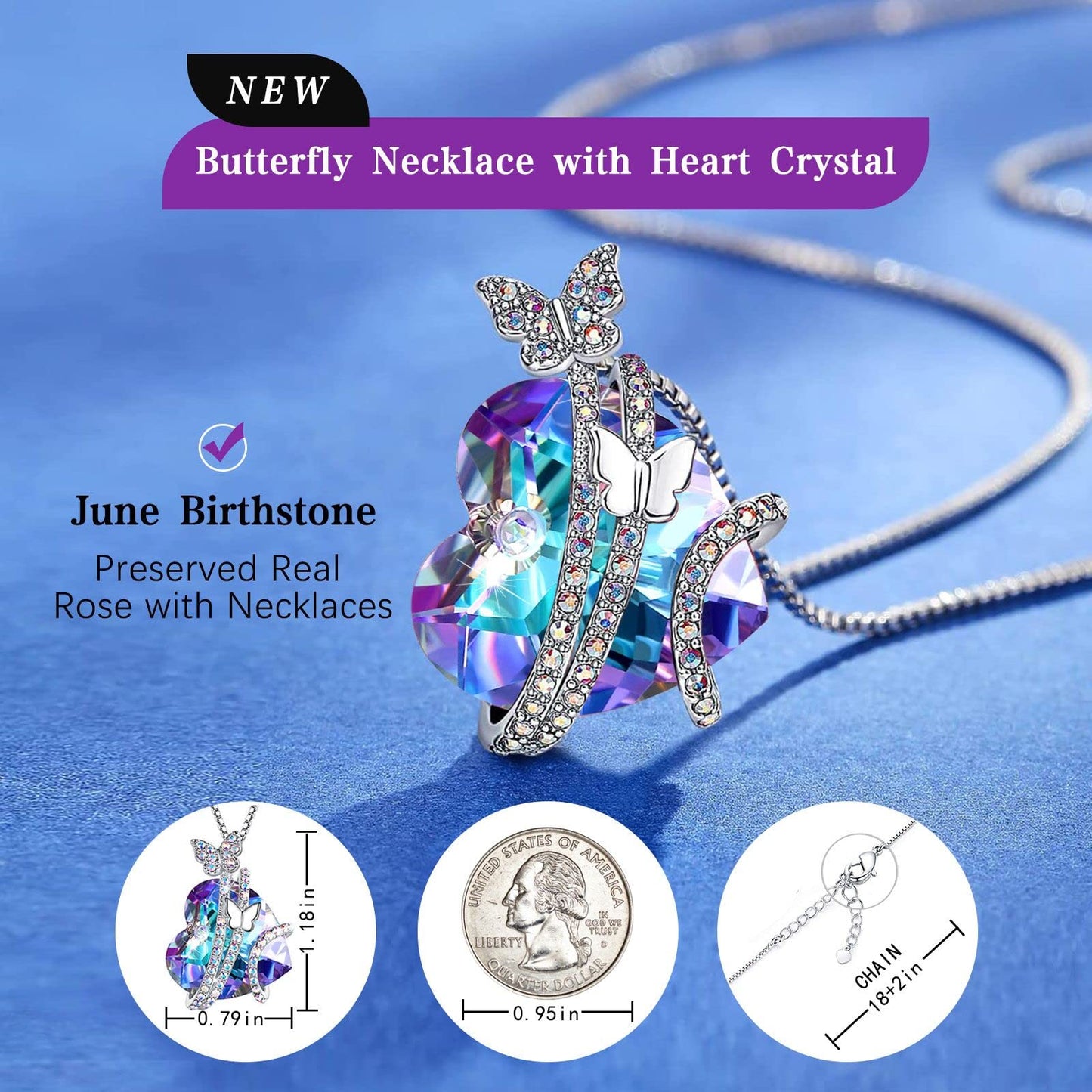 JSJOY Butterfly Love Heart Pendant Necklaces , Valentines Day Gifts for Her, Mother's Day Birthday Anniversary Jewelry Gifts for Women Mom Wife Girlfrind with Birthstone Crystals