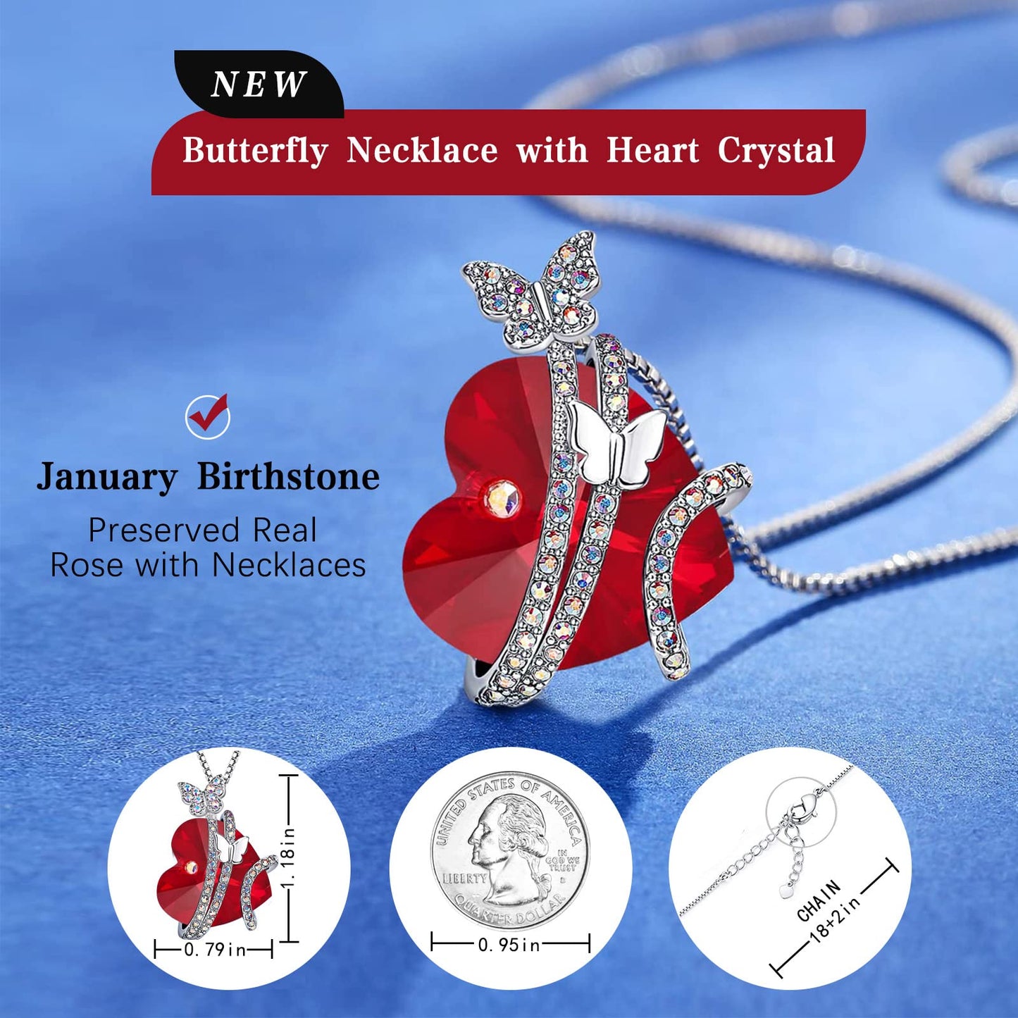 JSJOY Butterfly Love Heart Pendant Necklaces , Valentines Day Gifts for Her, Mother's Day Birthday Anniversary Jewelry Gifts for Women Mom Wife Girlfrind with Birthstone Crystals