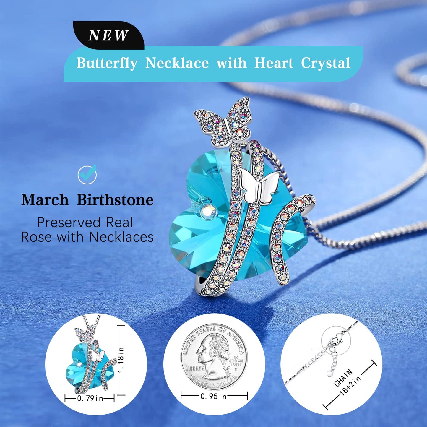 JSJOY Butterfly Love Heart Pendant Necklaces , Valentines Day Gifts for Her, Mother's Day Birthday Anniversary Jewelry Gifts for Women Mom Wife Girlfrind with Birthstone Crystals