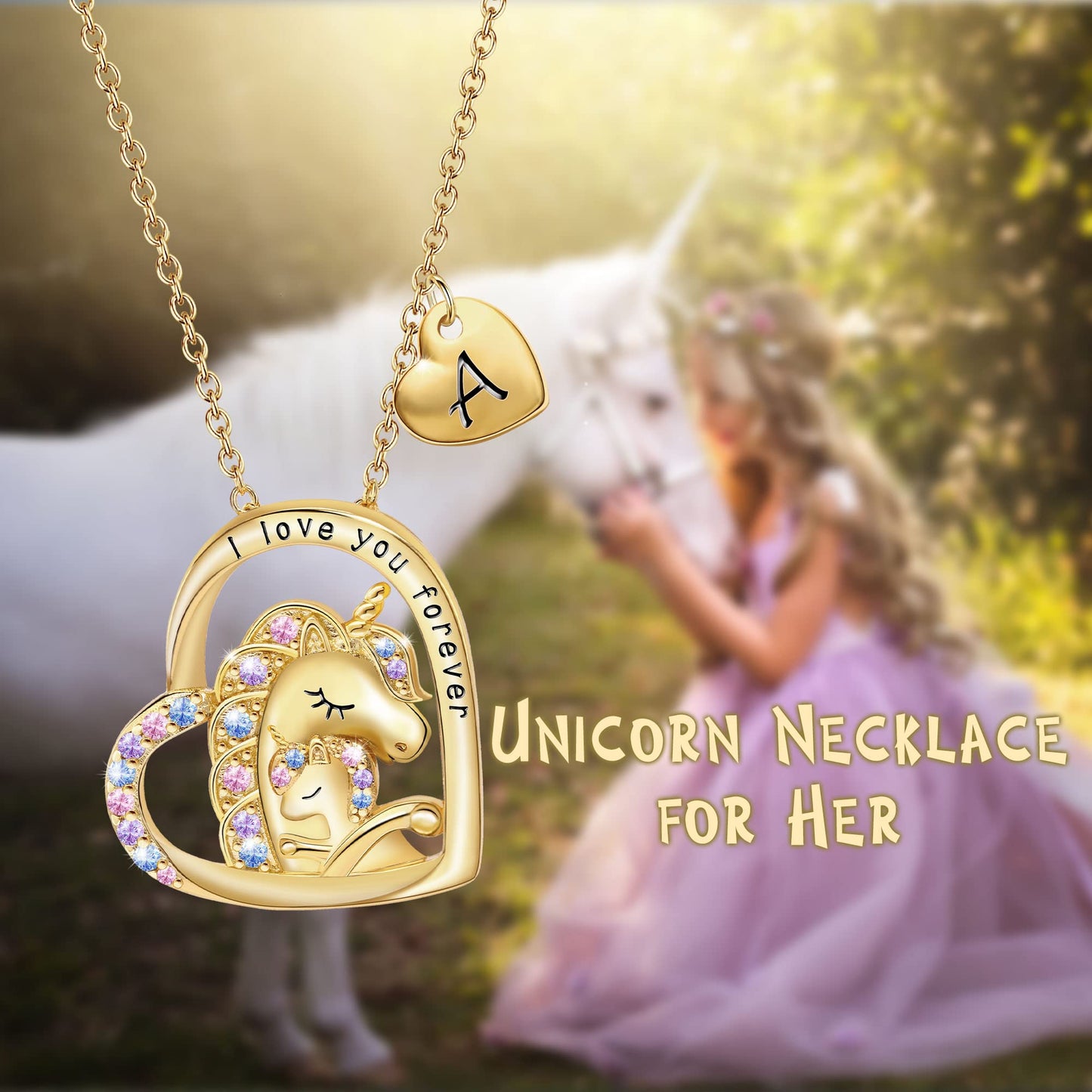 JSJOY Unicorn Gifts for Girls, Initial Necklaces for Women Girls 18K Gold/White Gold Plated Rainbow Unicorn Necklace for Teen Girls Heart Pendant Letter A-Z Unicorn Teen Girl Gifts Mom Daughter Gifts