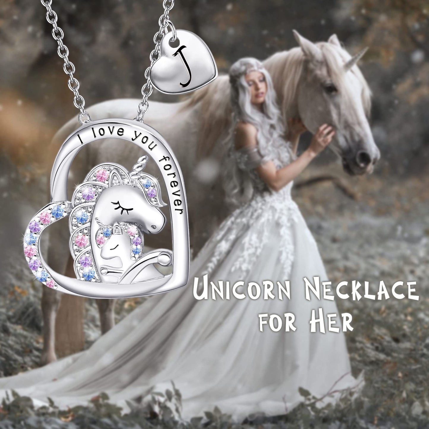 JSJOY Unicorn Gifts for Girls, Initial Necklaces for Women Girls 18K Gold/White Gold Plated Rainbow Unicorn Necklace for Teen Girls Heart Pendant Letter A-Z Unicorn Teen Girl Gifts Mom Daughter Gifts